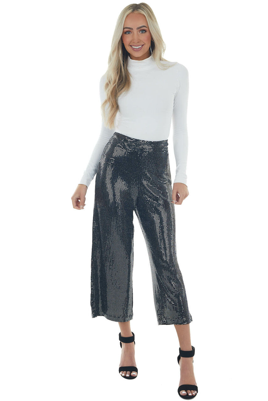 Black and Silver Sequined Wide Leg Midi Pants