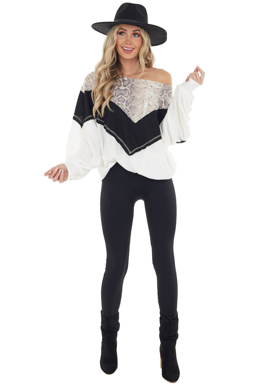 Black and White Long Sleeve Top with Animal Print Contrast