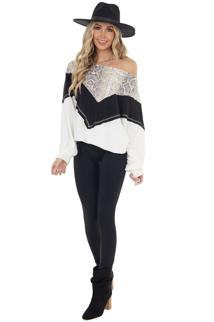 Black and White Long Sleeve Top with Animal Print Contrast