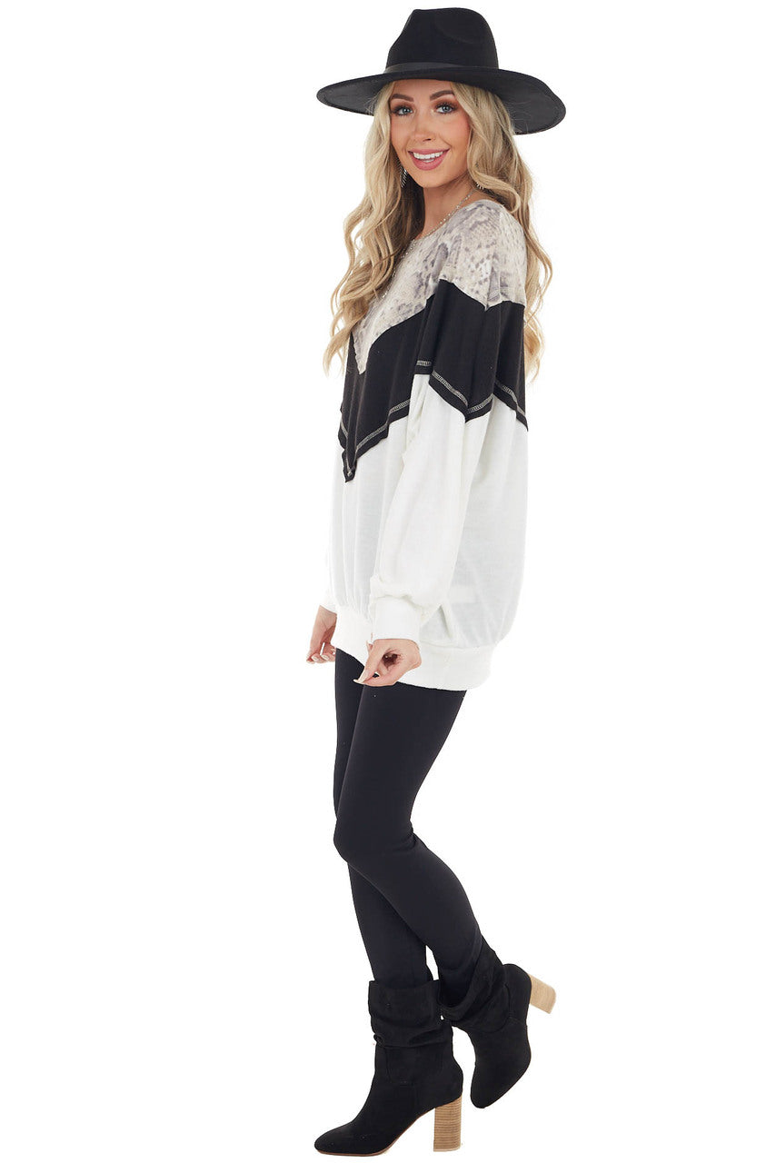 Black and White Long Sleeve Top with Animal Print Contrast