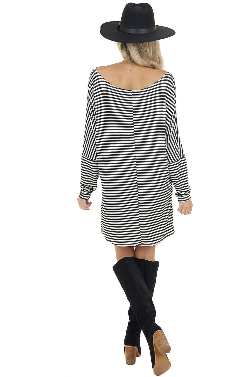 Black and White Striped Boat Neckline Short Knit Dress