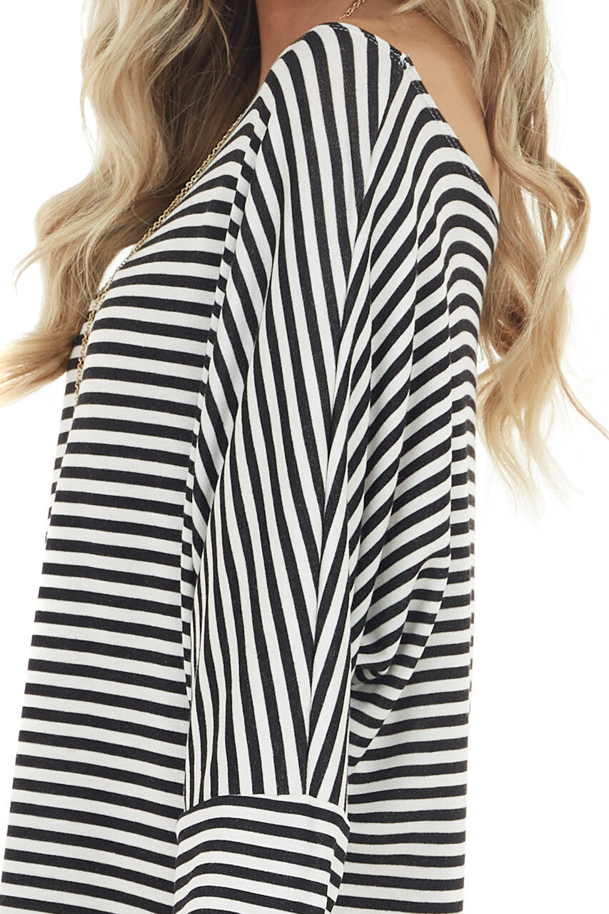 Black and White Striped Boat Neckline Short Knit Dress