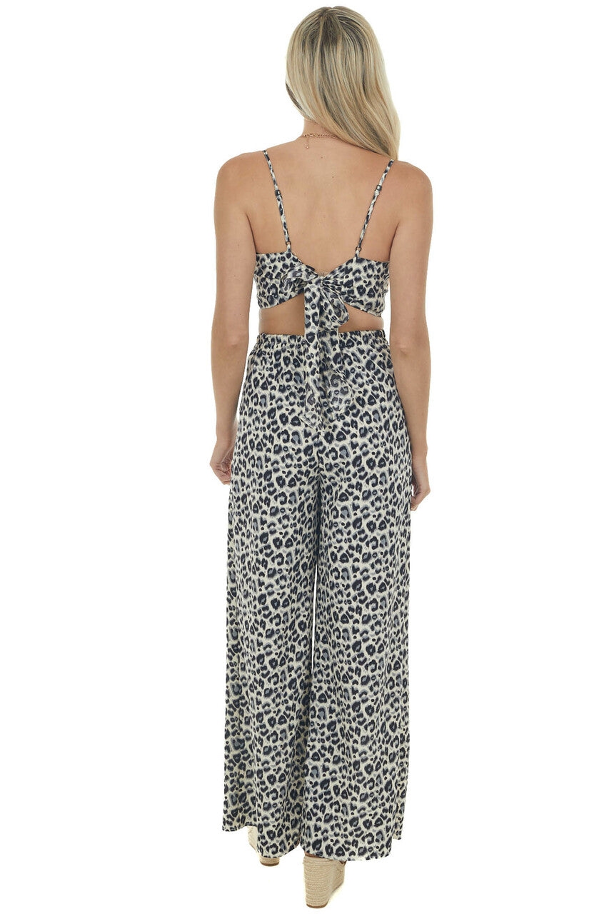 Black Animal Print Crop Top with Wide Pant Set