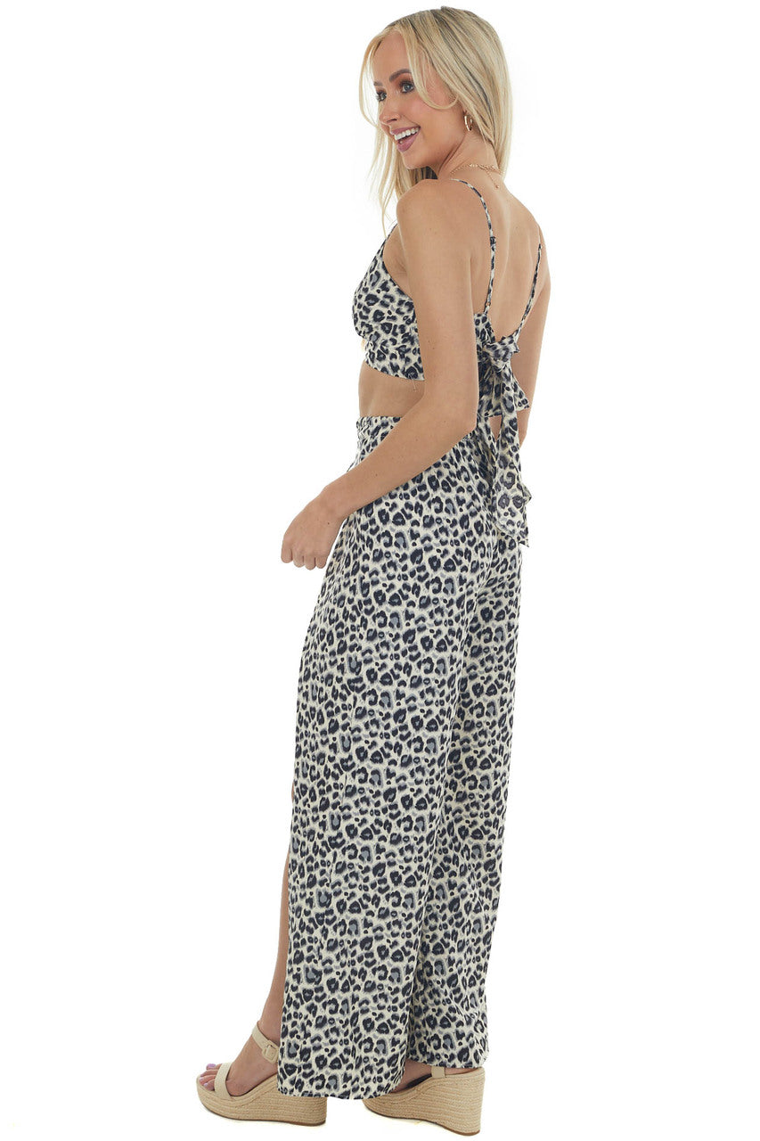 Black Animal Print Crop Top with Wide Pant Set