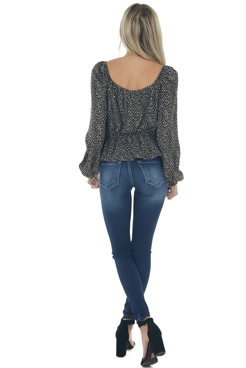 Black Animal Print Ruching Front Peplum Blouse