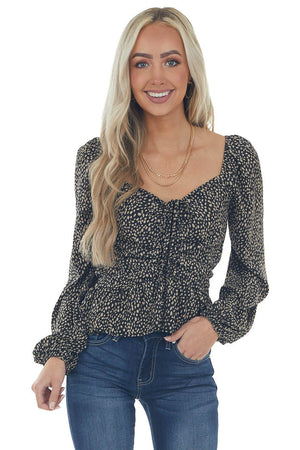 Black Animal Print Ruching Front Peplum Blouse