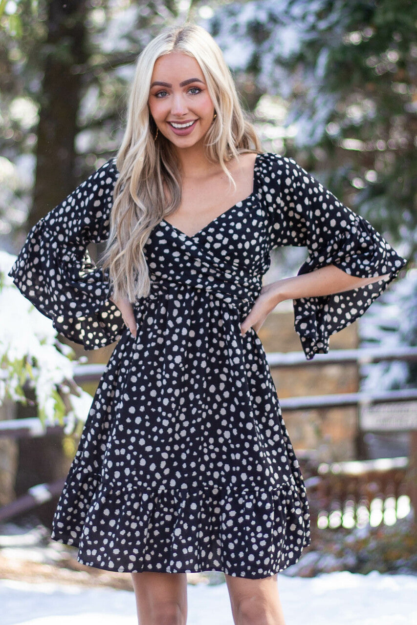 Black Animal Print Ruffle Angel Sleeve Dress