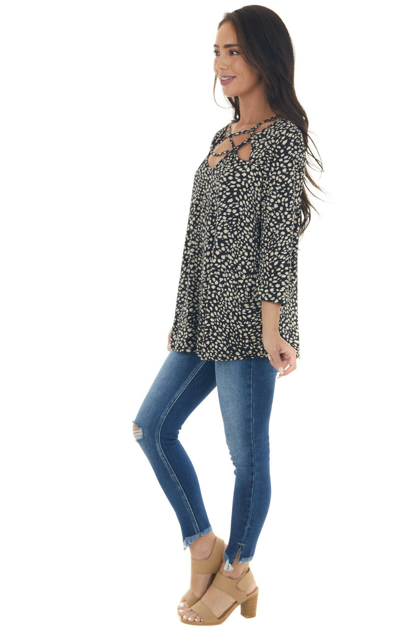 Black Animal Print Strappy Cut Out Knit Top 