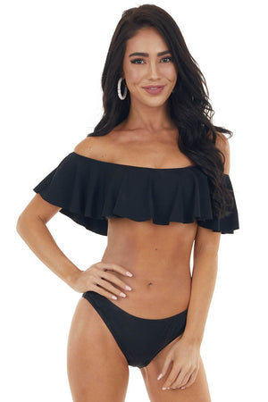 Black Bandeau Style Bikini with Ruffled Overlay Details