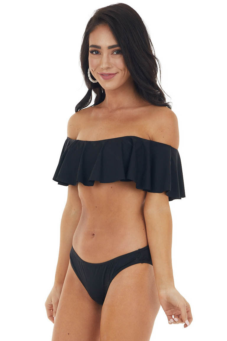 Black Bandeau Style Bikini with Ruffled Overlay Details
