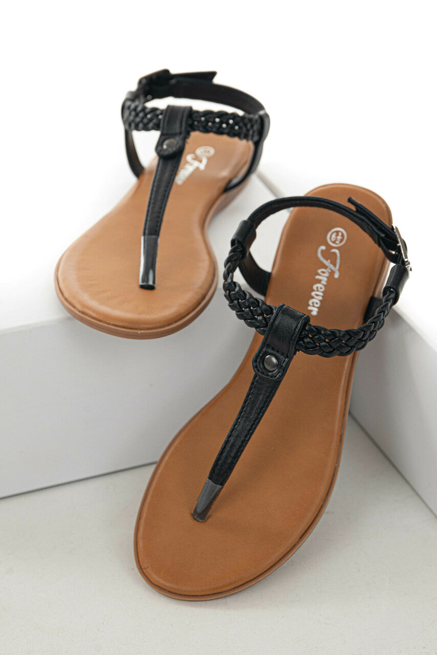 Black Braided Strap Flat Thong Sandals