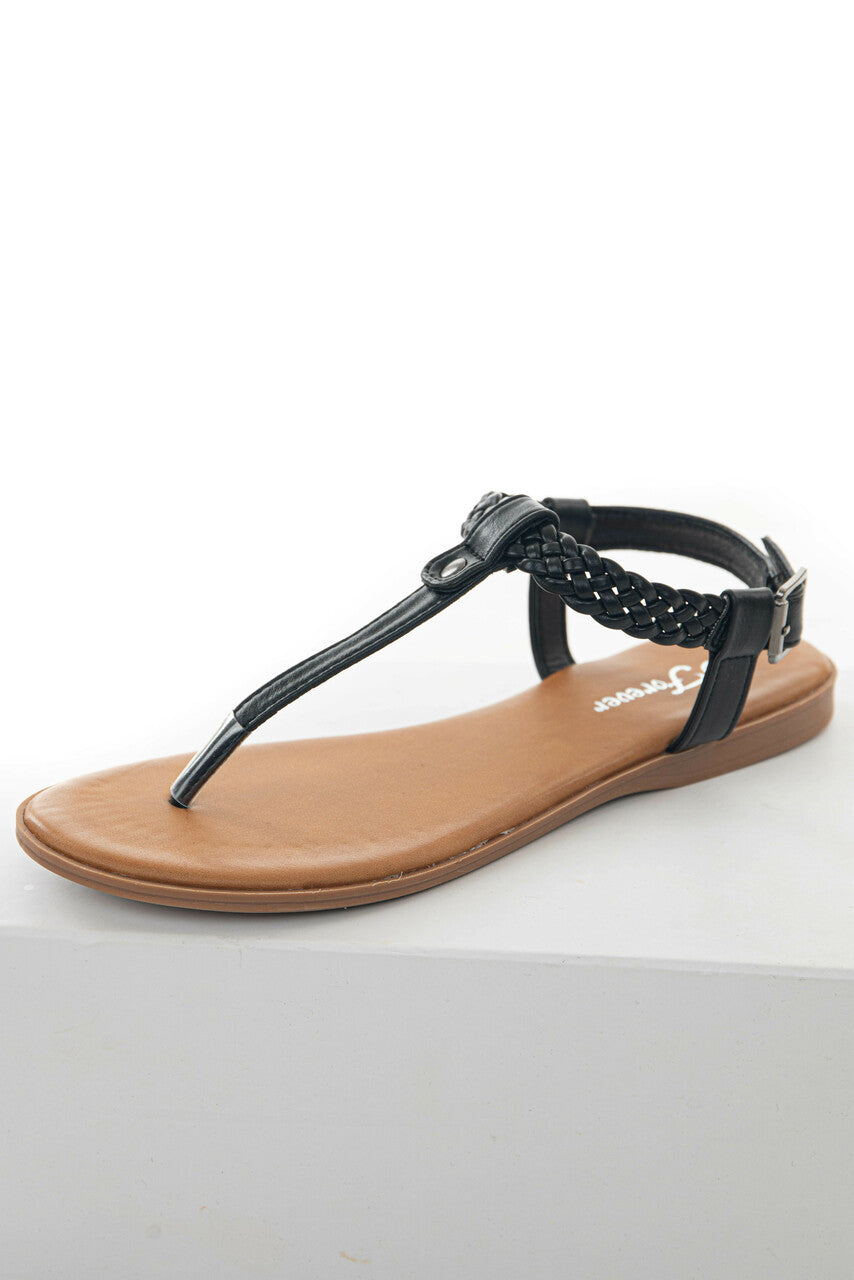 Black Braided Strap Flat Thong Sandals