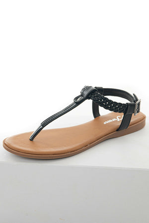 Black Braided Strap Flat Thong Sandals