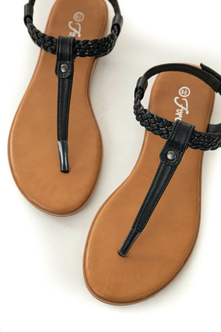 Black Braided Strap Flat Thong Sandals
