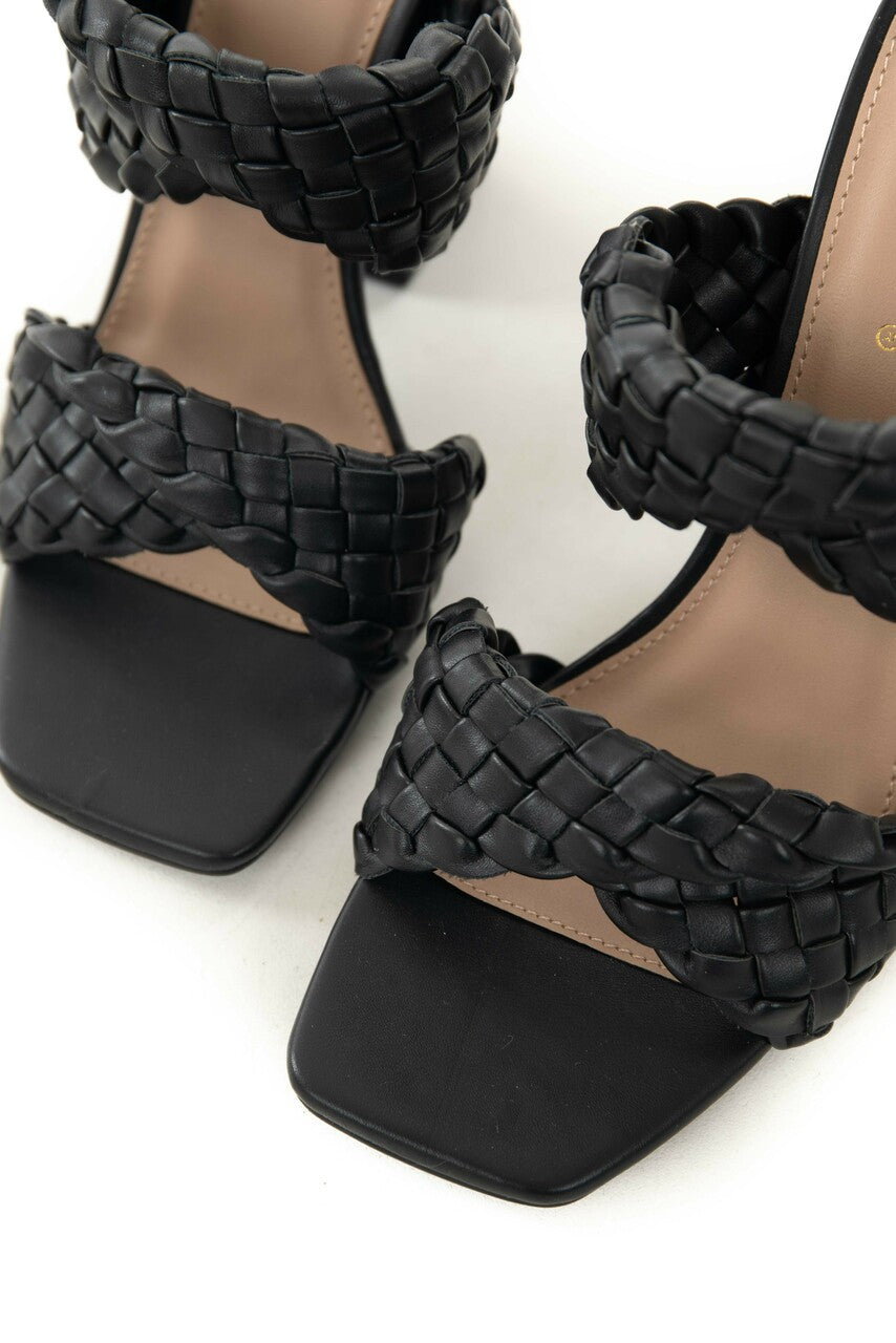 Black Braided Strap Square Toe Block Heels