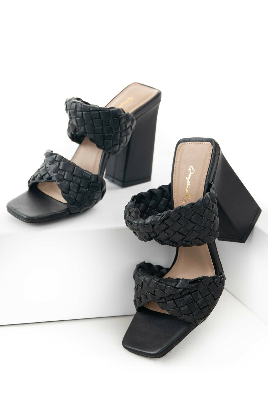 Black Braided Strap Square Toe Block Heels 