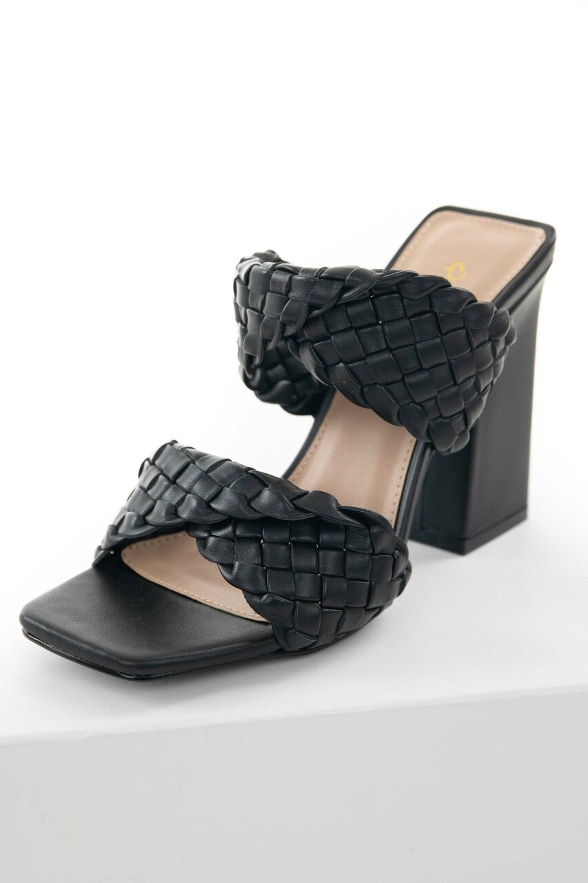 Black Braided Strap Square Toe Block Heels 