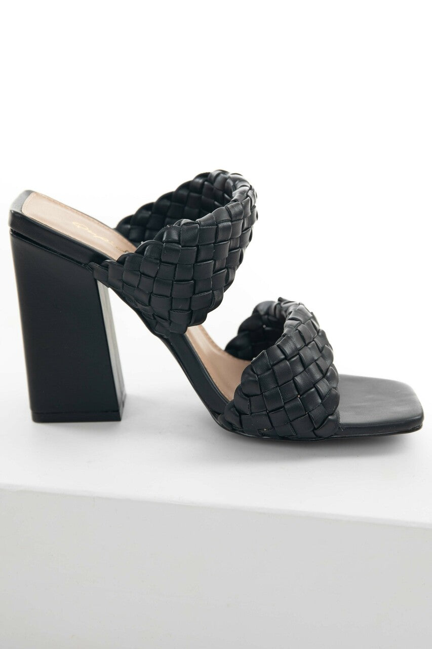 Black Braided Strap Square Toe Block Heels