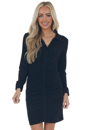 Black Brushed Knit Long Sleeve Shirt Dress