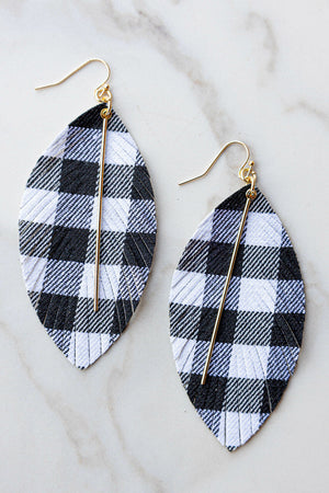 Black Buffalo Plaid Feather Dangle Earrings