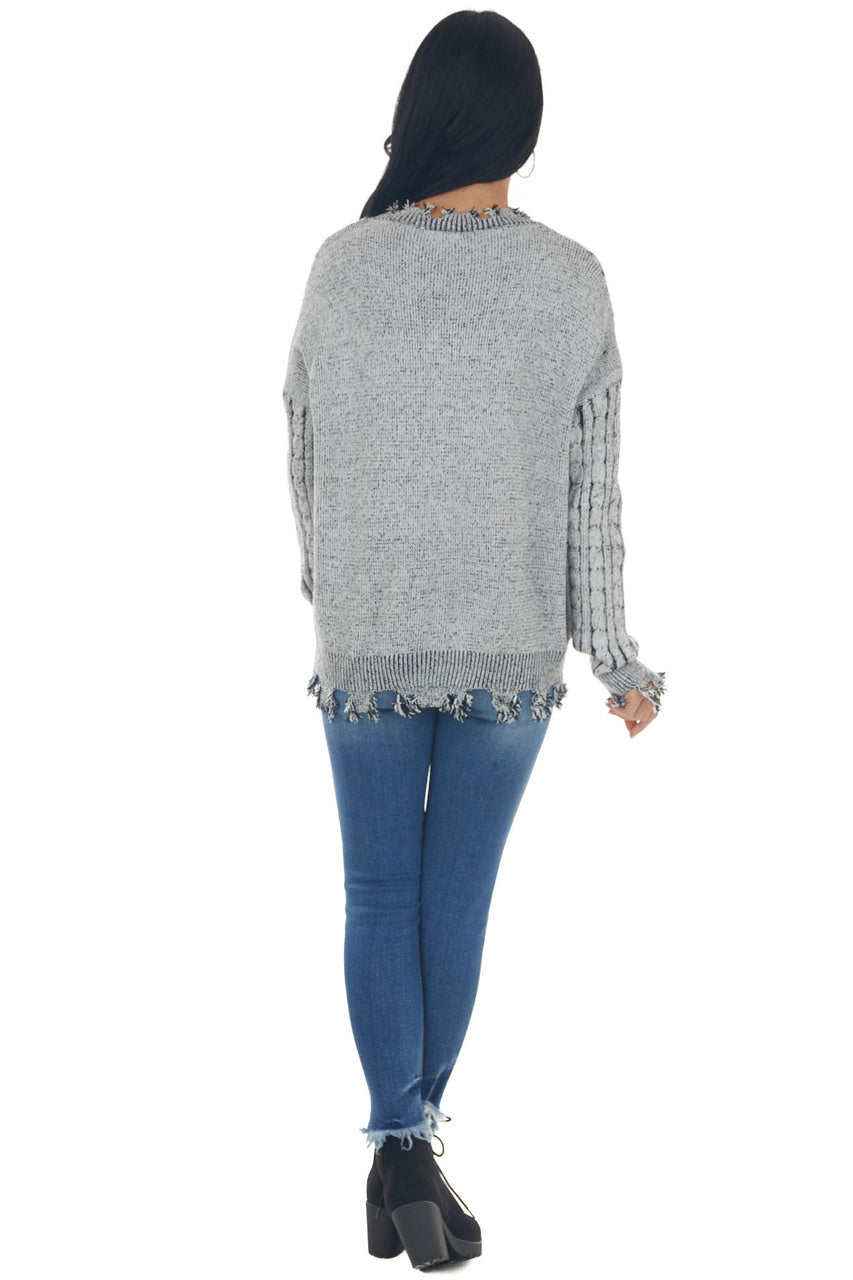 Black Cable Knit Distressed Trim Sweater
