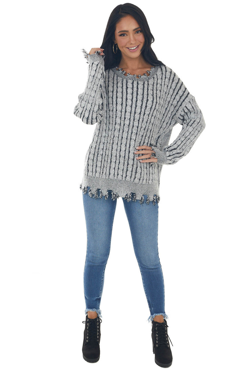 Black Cable Knit Distressed Trim Sweater