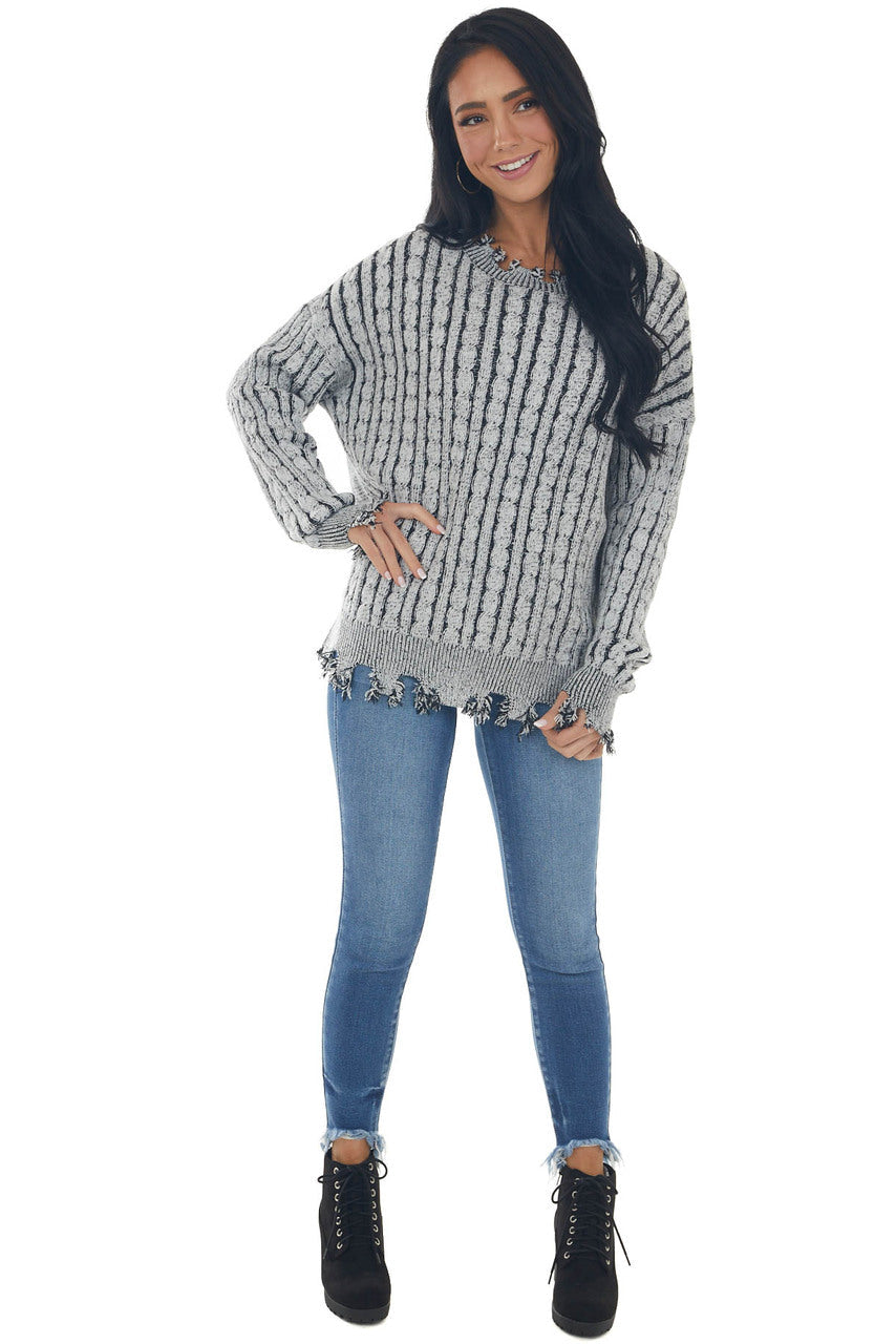Black Cable Knit Distressed Trim Sweater