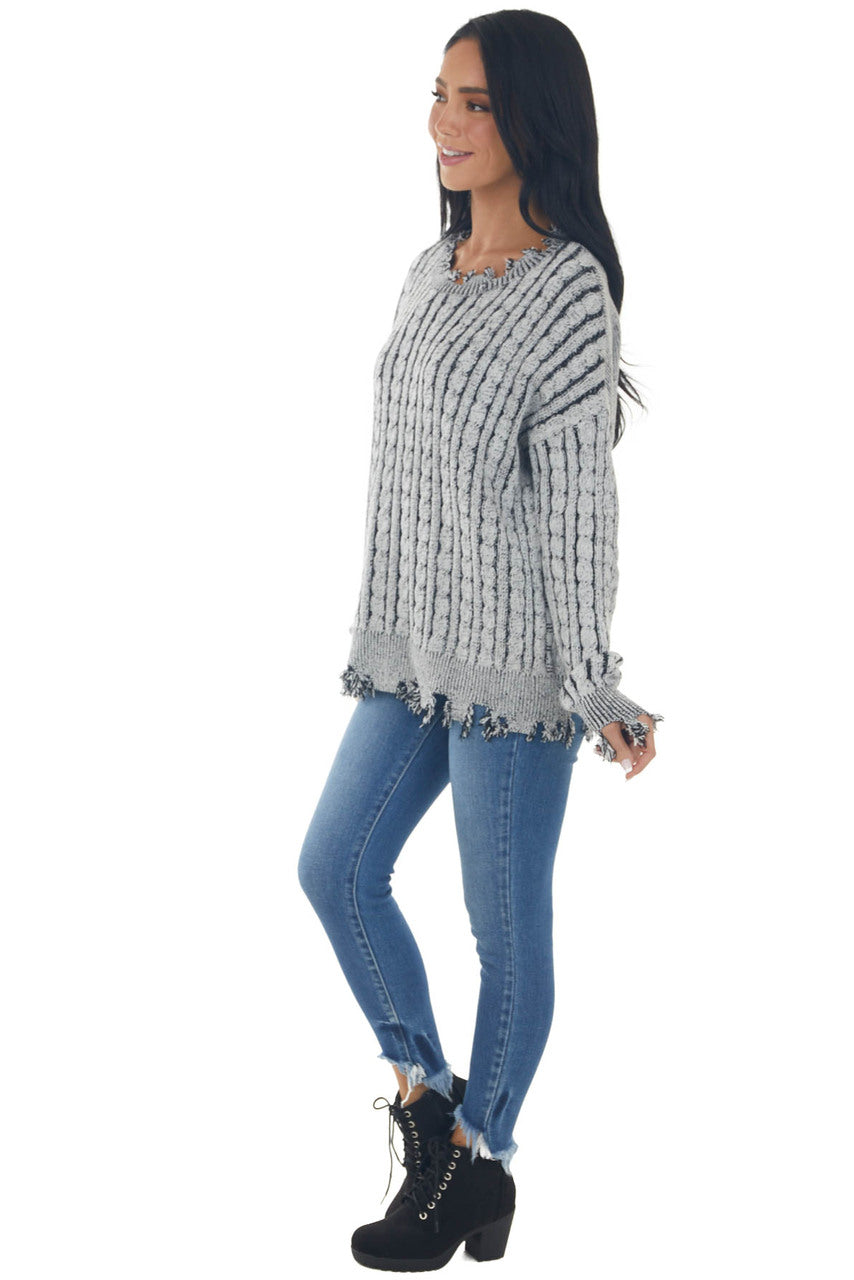 Black Cable Knit Distressed Trim Sweater