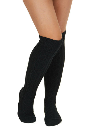 Black Cable Knit Textured Knee High Cozy Socks