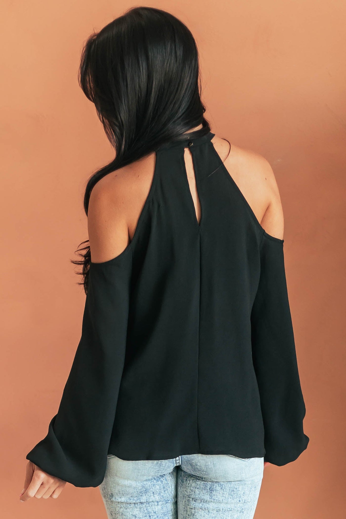 Black Cold Shoulder Bubble Sleeve Halter Top