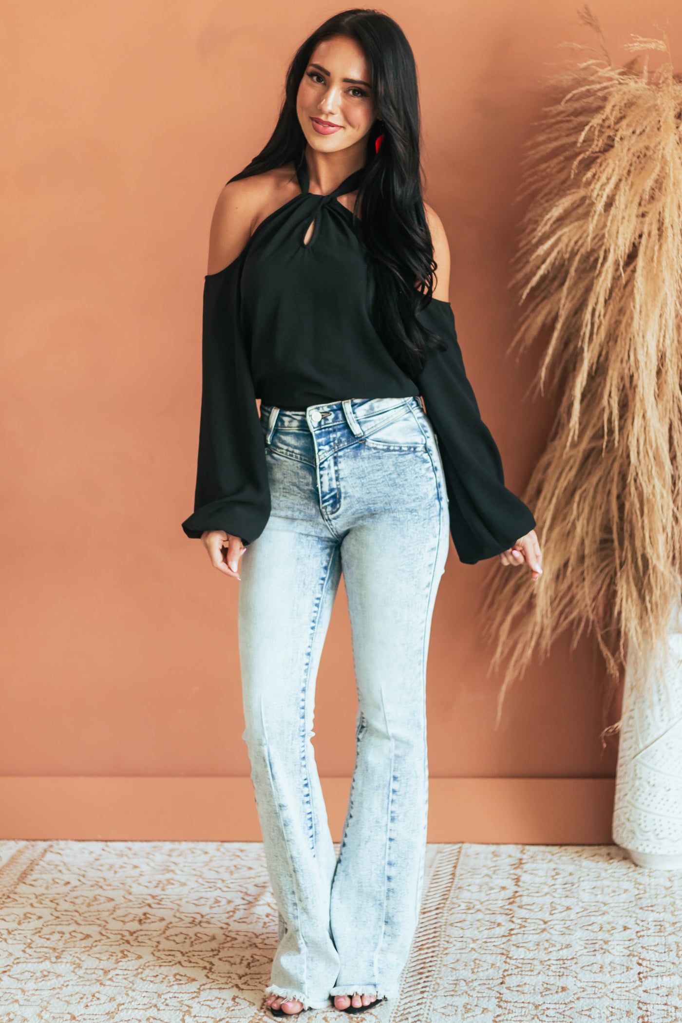 Black Cold Shoulder Bubble Sleeve Halter Top