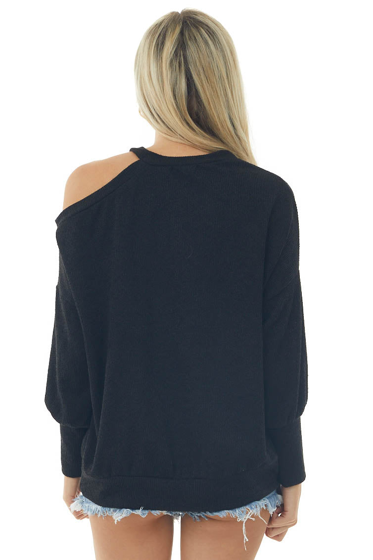 Black Cold Shoulder Fuzzy Banded Sweater