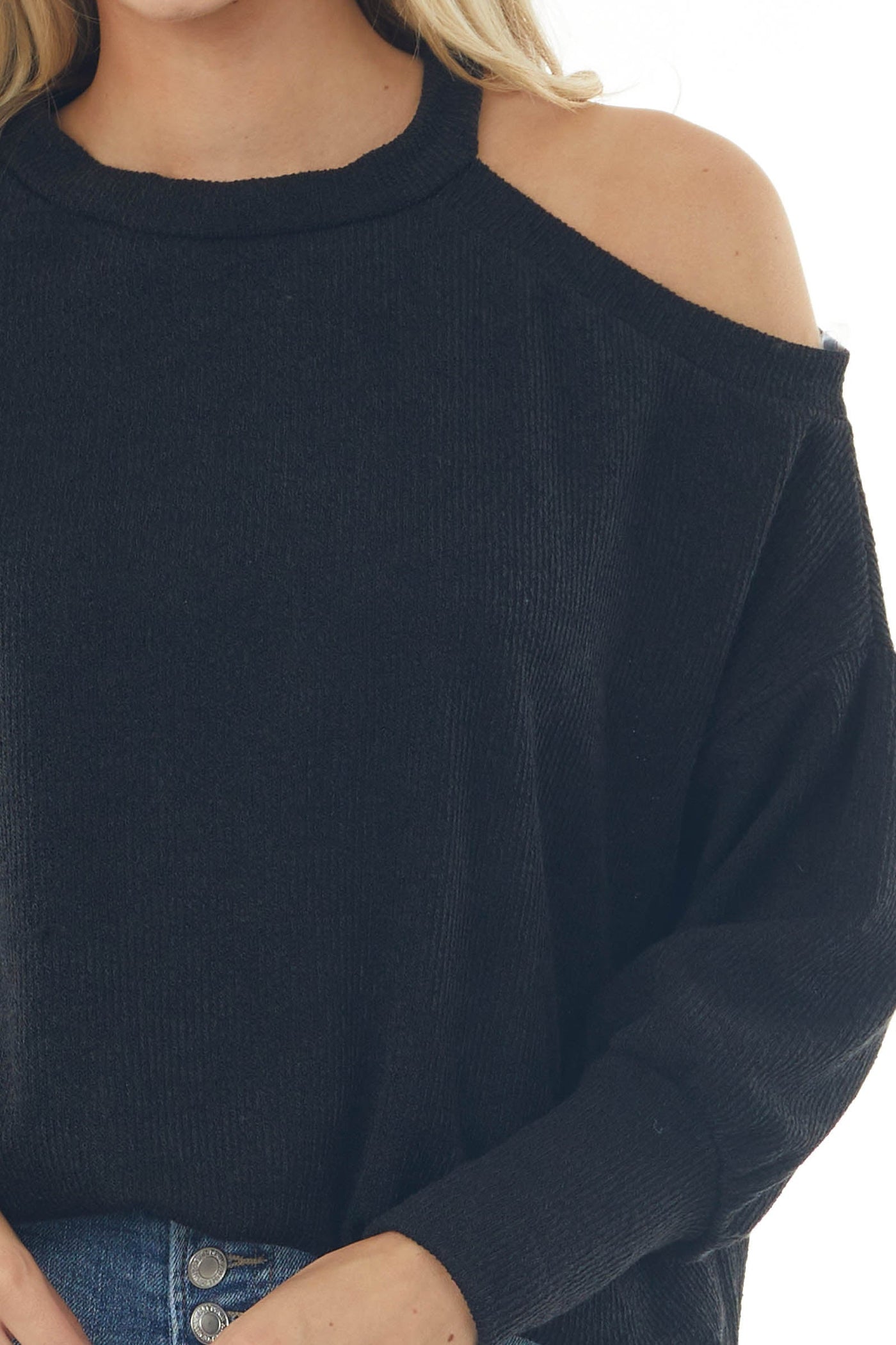 Black Cold Shoulder Fuzzy Banded Sweater