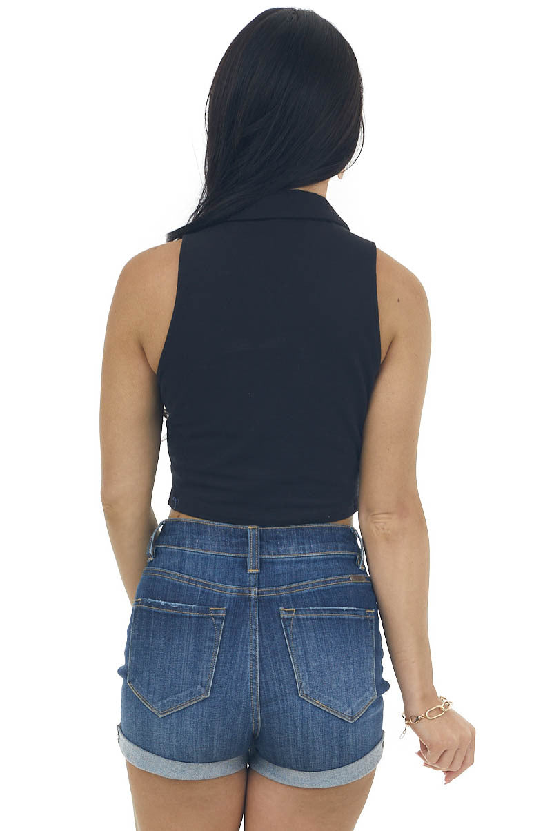 Black Collared Sleeveless Knit Crop Top