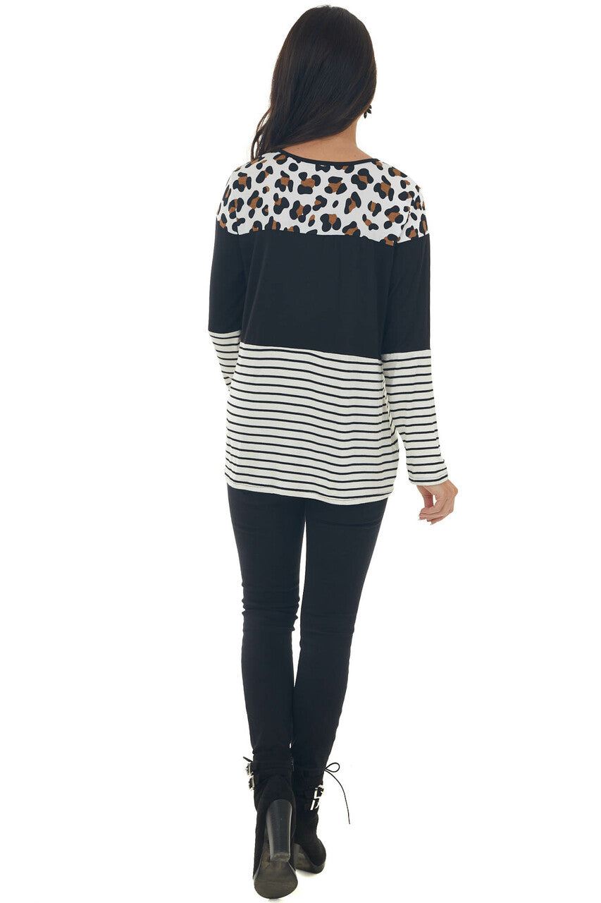 Black Colorblock Leopard Print Long Sleeve Top