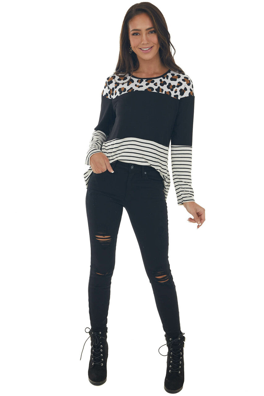 Black Colorblock Leopard Print Long Sleeve Top