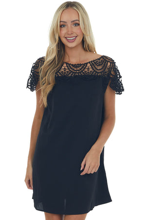 Black Crochet Lace Yoke Woven Shift Dress