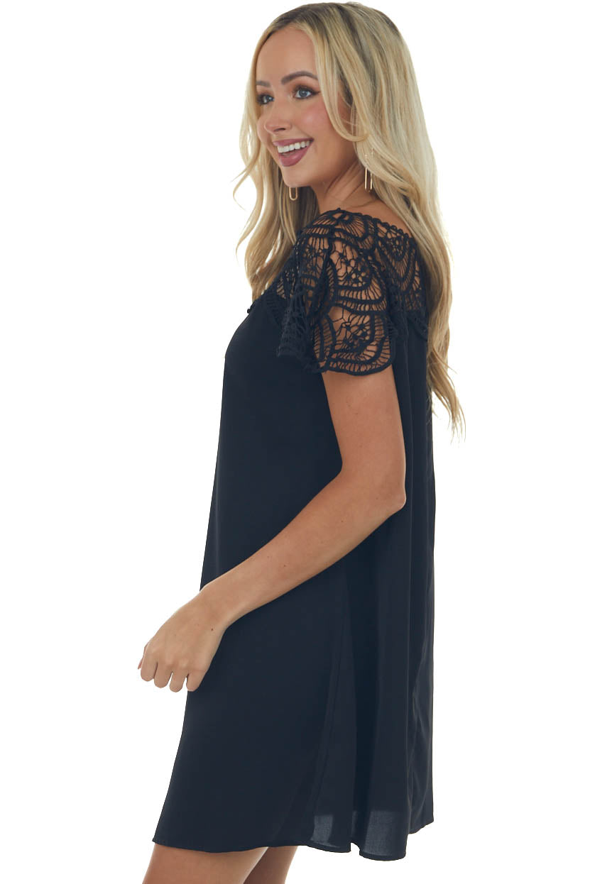 Black Crochet Lace Yoke Woven Shift Dress