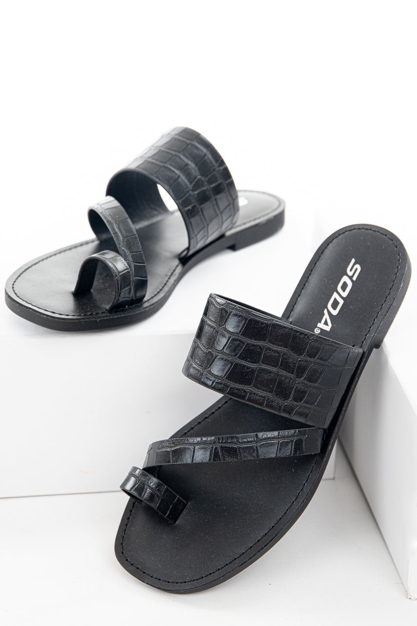 Black Crocodile Texture Strappy Flat Slip On Sandals