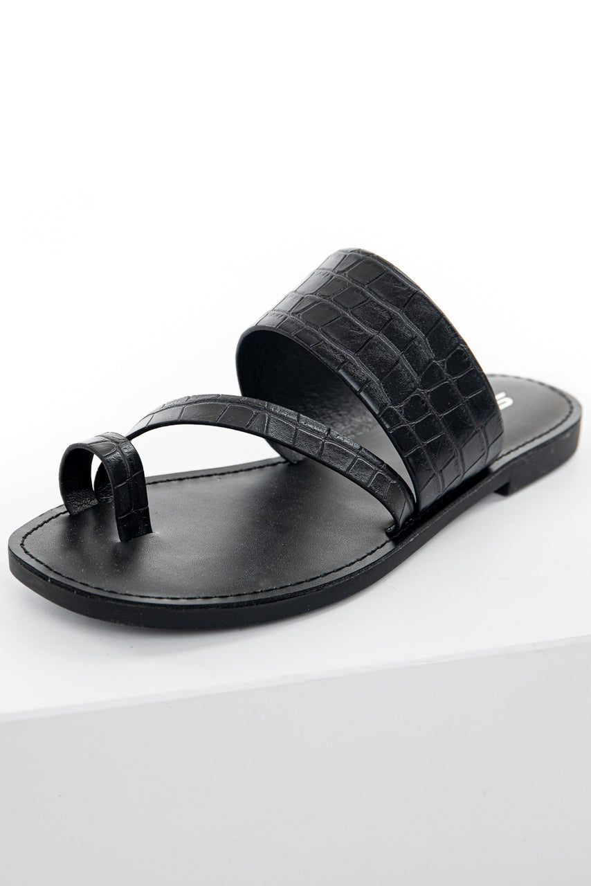 Black Crocodile Texture Strappy Flat Slip On Sandals