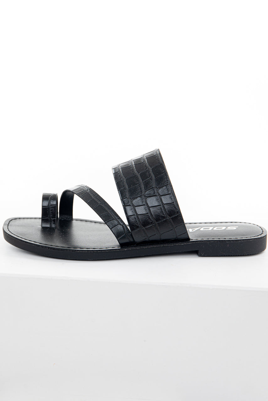 Black Crocodile Texture Strappy Flat Slip On Sandals