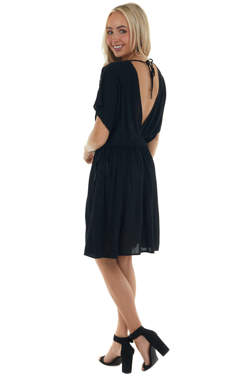 Black Crochet Lace Short Sleeve Surplice Dress