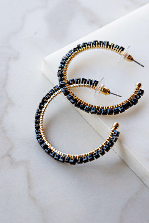 Black Cube Beaded Crescent Hoop Earrings