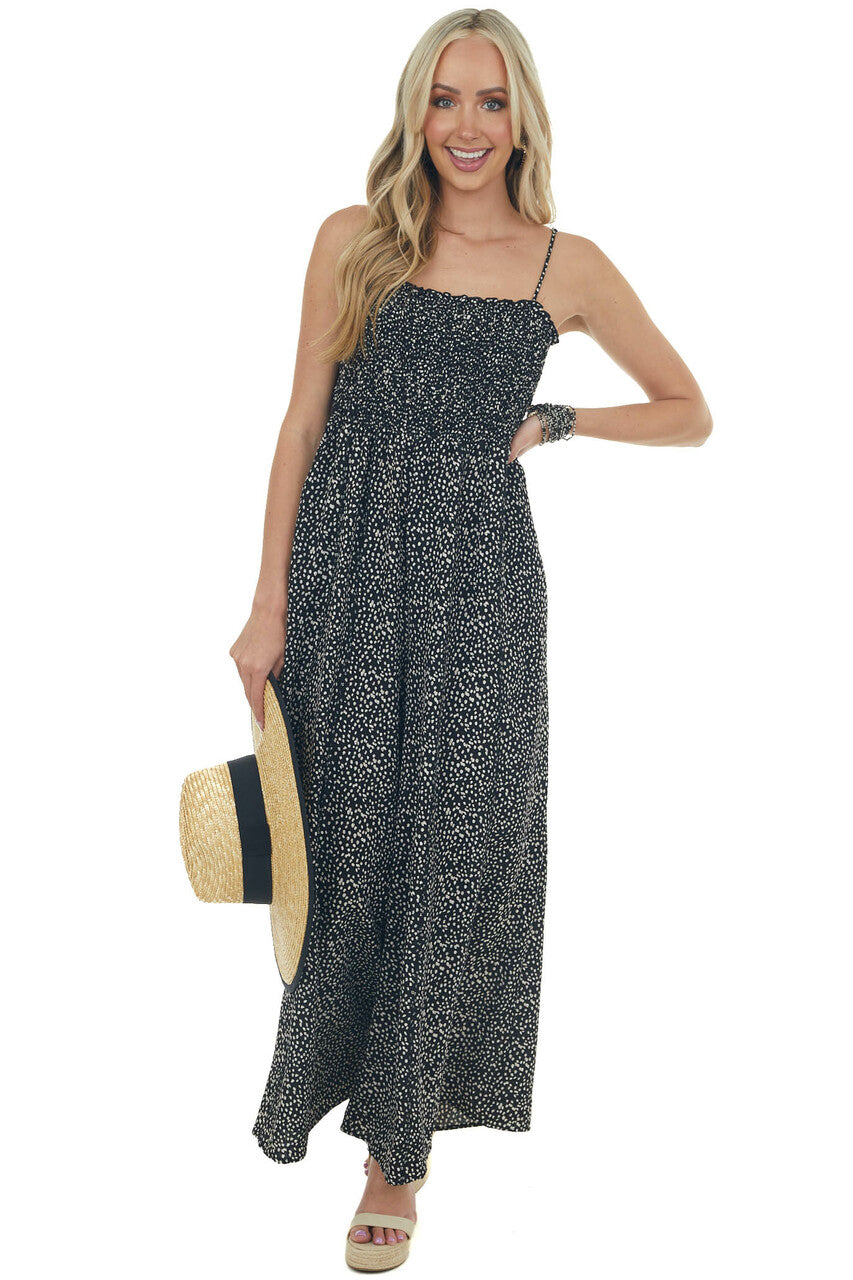 Black Dalmatian Smocked Wide Pant Jumpsuit