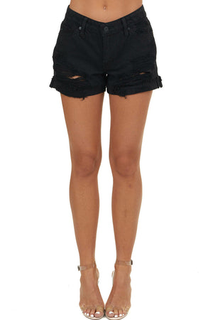 Black Distressed Mid Rise Shorts with Cuffed Hem