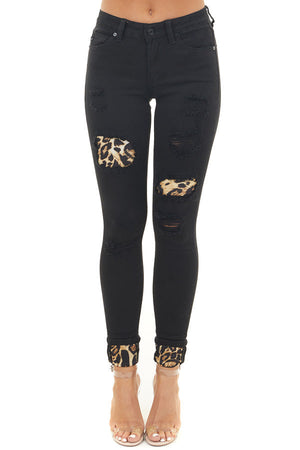 Black Distressed Skinny Jeans with Leopard Patches and Cuffs