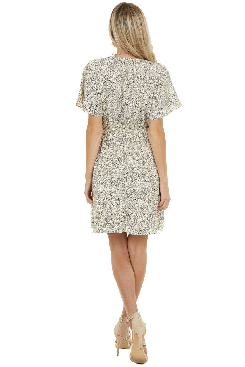 Black Ditsy Floral Print Short Flutter Sleeve Short Dress