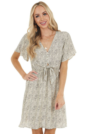 Black Ditsy Floral Print Short Flutter Sleeve Short Dress