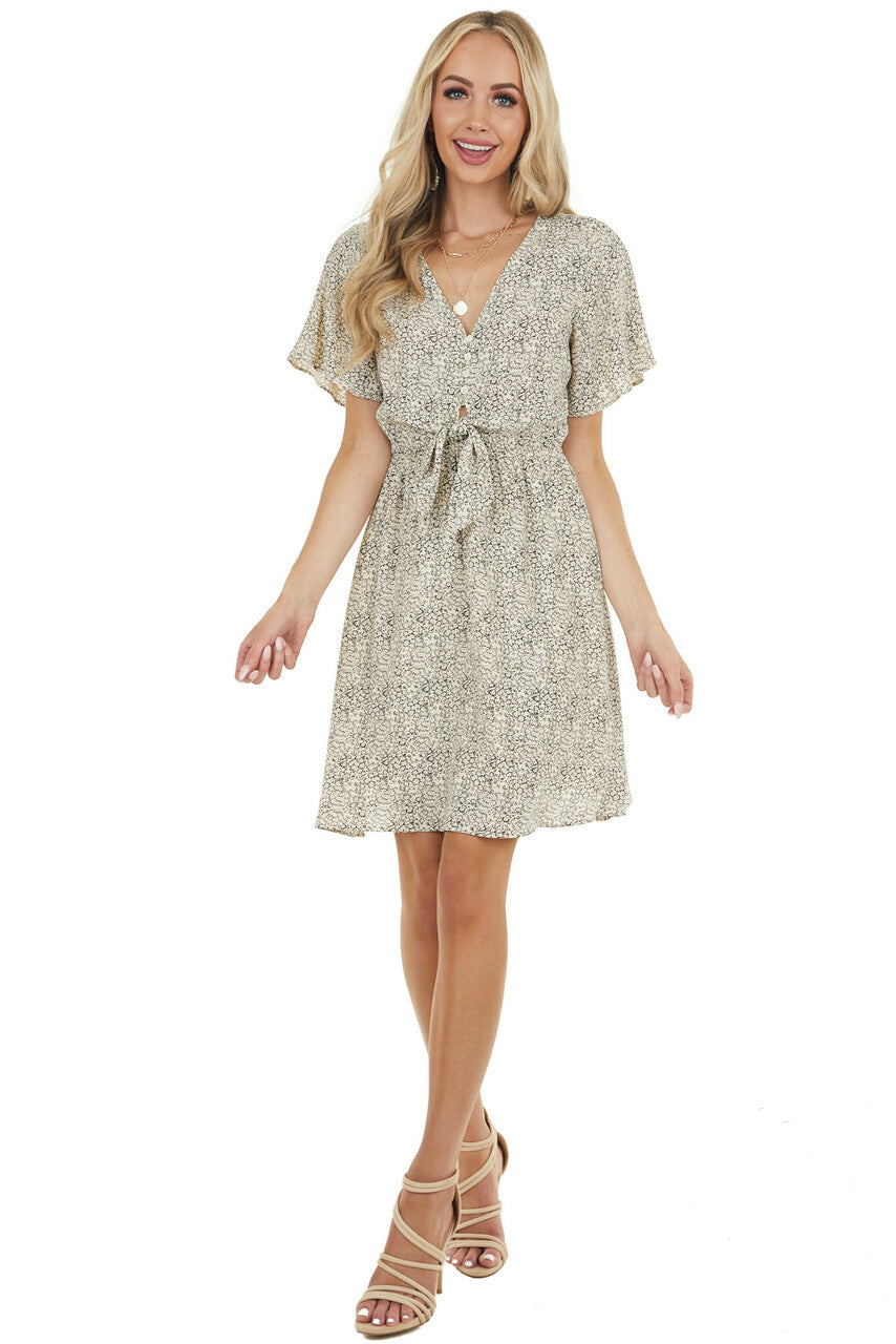 Black Ditsy Floral Print Short Flutter Sleeve Short Dress