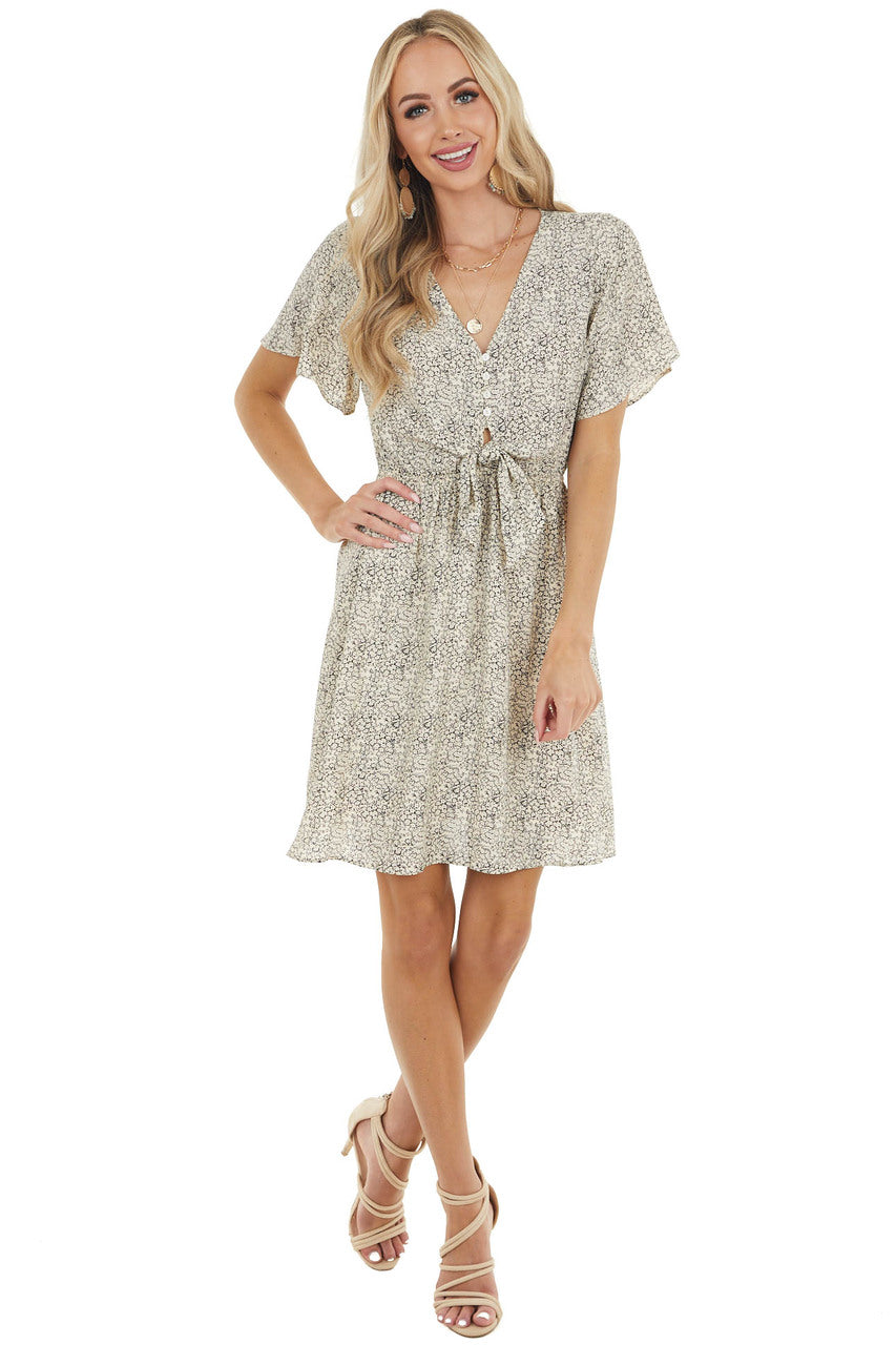 Black Ditsy Floral Print Short Flutter Sleeve Short Dress